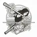 girl with skirt holding a baseball bat on right hand has a skirt on and has three faces looking left right and straight  tattoo design idea