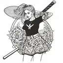girl with skirt holding a baseball bat on right hand has a skirt on and has three faces looking left right and straight  tattoo design idea