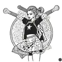 girl with skirt holding a baseball bat on right hand has a skirt on and has three faces looking left right and straight  tattoo design idea