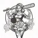girl with skirt holding a baseball bat on right hand has a skirt on and has three faces looking left right and straight  tattoo design idea