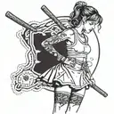girl with skirt holding a baseball bat on right hand has a skirt on and has three faces looking left right and straight  tattoo design idea