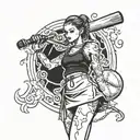 girl with skirt holding a baseball bat on right hand has a skirt on and has three faces looking left right and straight  tattoo design idea