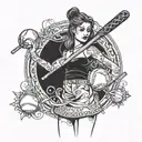 girl with skirt holding a baseball bat on right hand has a skirt on and has three faces looking left right and straight  tattoo design idea