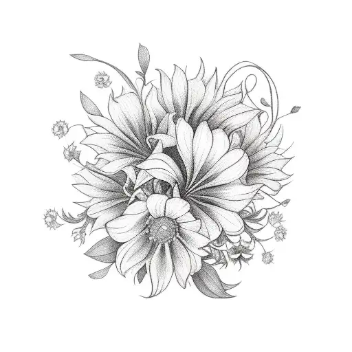bouquet with sunflower, alstroemeria, coral charm, clover four, and hibiscus  tattoo design idea