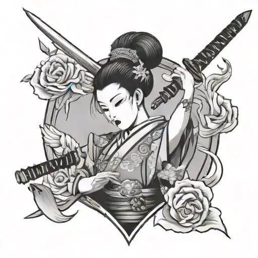 A Japanese geisha holding a heart with a dagger stabbing tattoo design idea
