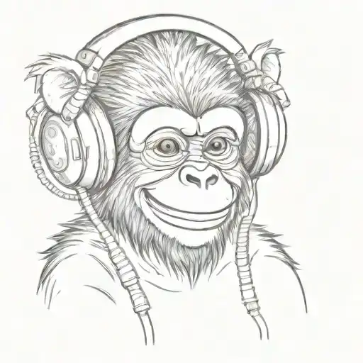 Cute little monkey smiling with headphones. tattoo design idea