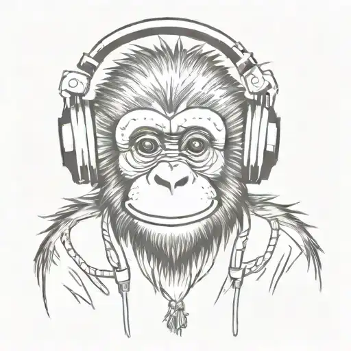 Cute little monkey smiling with headphones. tattoo design idea