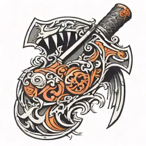 Detailed sculpture with an axe, half of the sculpture is already finished tattoo design idea
