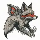 Angry fox with red eyes looking forward tattoo design idea