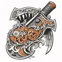 Detailed sculpture with an axe, half of the sculpture is already finished tattoo design idea