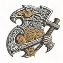 Detailed sculpture with an axe, half of the sculpture is already finished tattoo design idea