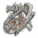 Detailed sculpture with an axe, half of the sculpture is already finished tattoo design idea