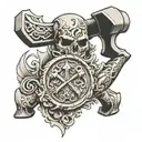 Detailed sculpture with an axe, half of the sculpture is already finished tattoo design idea