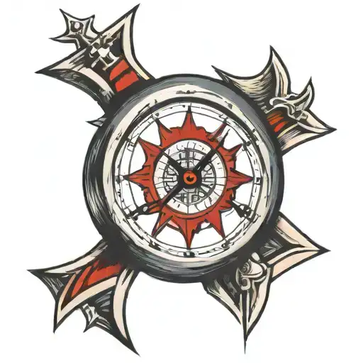 clock and Maltese cross with thin red line tattoo design idea
