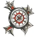 clock and Maltese cross with thin red line tattoo design idea