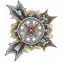 clock and Maltese cross with thin red line tattoo design idea