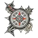 clock and Maltese cross with thin red line tattoo design idea