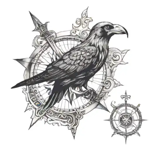 viking, odin's raven, nordic compass tattoo design idea