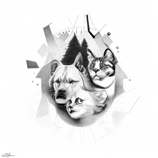 A black and grey portrait of Desireee's family, with each member depicted as a different engineering tool tattoo design idea