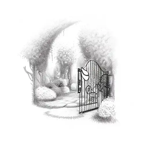 Whimsical sketch of a garden gate opening to a secret world tattoo design idea