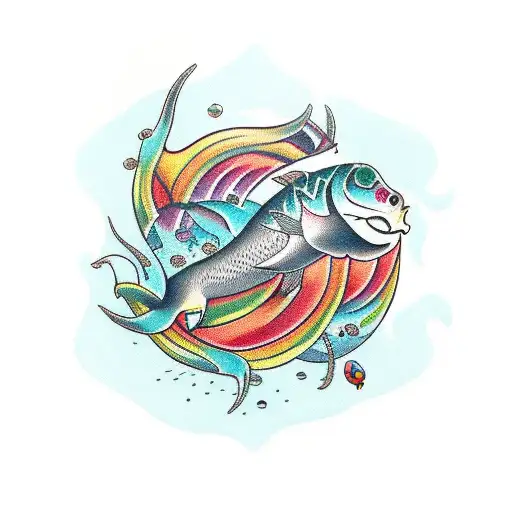 weird fishes with in rainbows font tattoo design idea