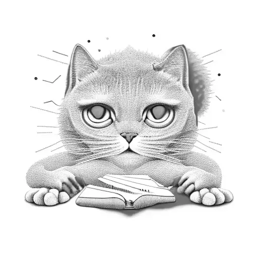 A surreal scene of a giant pink cat scratching a massive computer mouse, with a city skyline in the background tattoo design idea