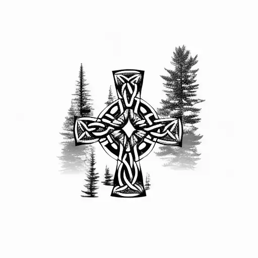 Three Celtic Crosses on a utah mountain with pine trees tattoo design idea