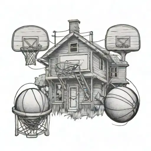 A cozy home with basketball hoops as part of the architecture, surrounded by musical instruments tattoo design idea