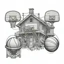 A cozy home with basketball hoops as part of the architecture, surrounded by musical instruments tattoo design idea