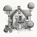 A cozy home with basketball hoops as part of the architecture, surrounded by musical instruments tattoo design idea
