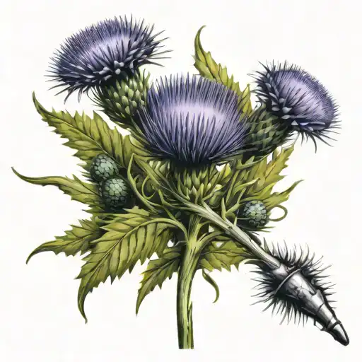 Scottish thistle intertwined with Scottish claymore, stem of thistle reading "Brianna" tattoo design idea