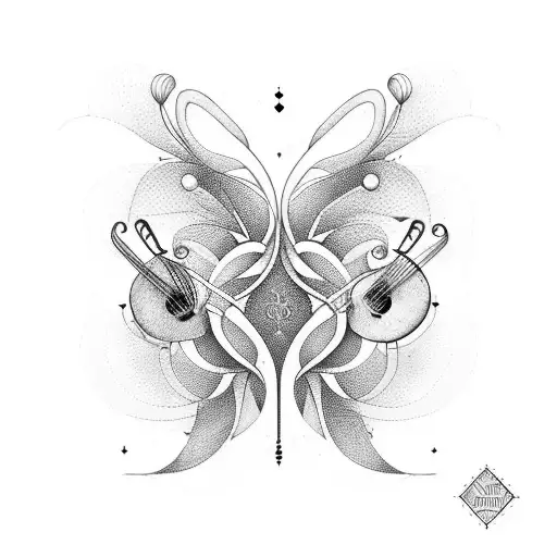 A symmetrical design featuring various musical instruments and botanical elements tattoo design idea