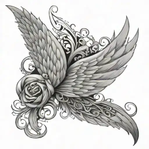 A beautiful angel wings tattoo with her name in elegant script, symbolizing her watching over you from the other side tattoo design idea