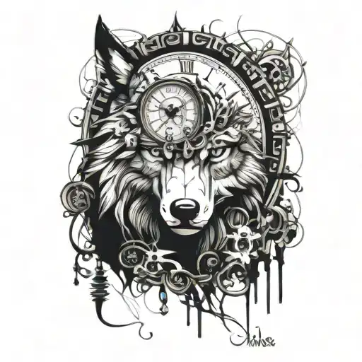 LOBO MIRADA PENETRANTE CON UN RELOJ MODERNO Y UNA CIUDAD DETRAS  tattoo design idea