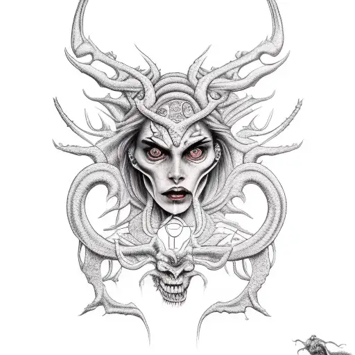 a woman demon standing  tattoo design idea