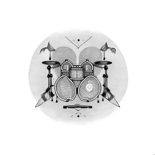 Intricate blackwork design of a drum set with metal music elements tattoo design idea