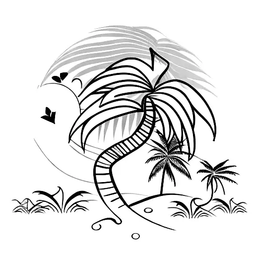 A minimalist design of a palm tree silhouette with a small heart hidden in the leaves, symbolizing love for travel and the beach tattoo design idea