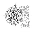 A simple line drawing of a surfer riding a wave with a compass in the background, symbolizing the client's love for surfing and adventure tattoo design idea