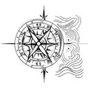 A simple line drawing of a surfer riding a wave with a compass in the background, symbolizing the client's love for surfing and adventure tattoo design idea