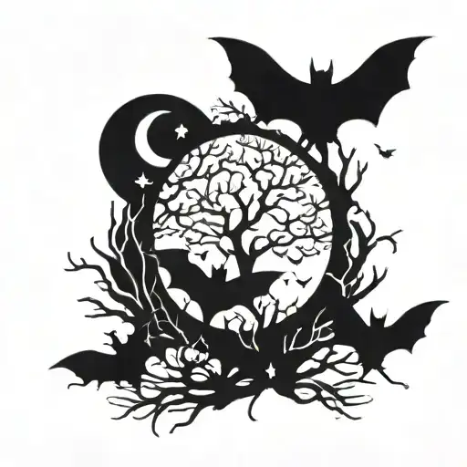 Punk, birds, gothic ,  night time, trees, moon, bats tattoo design idea