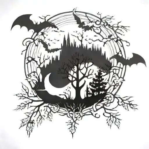 Punk , gothic ,  night time, trees, moon, bats tattoo design idea