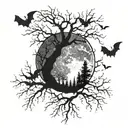Punk , gothic ,  night time, trees, moon, bats tattoo design idea