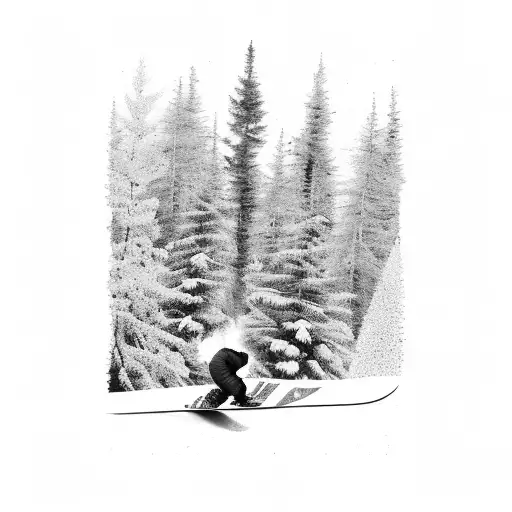 A snowboarder carving through a forest of Nordic trees tattoo design idea