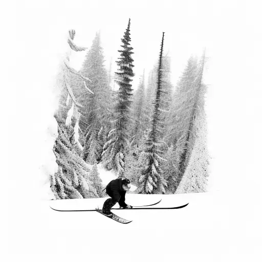 A snowboarder carving through a forest of Nordic trees tattoo design idea