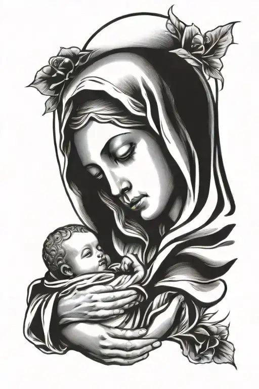 virgin mary holding child in arms tattoo design idea