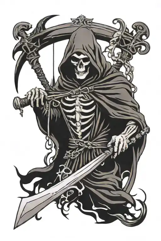 dark gothic grim reaper with scythe surrounded by other symbolism of death tattoo design idea