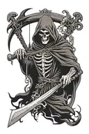 dark gothic grim reaper with scythe surrounded by other symbolism of death tattoo design idea