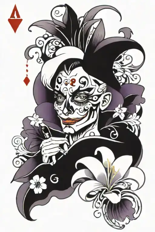 lily flower and violets one water, joker card, and joes place tattoo design idea