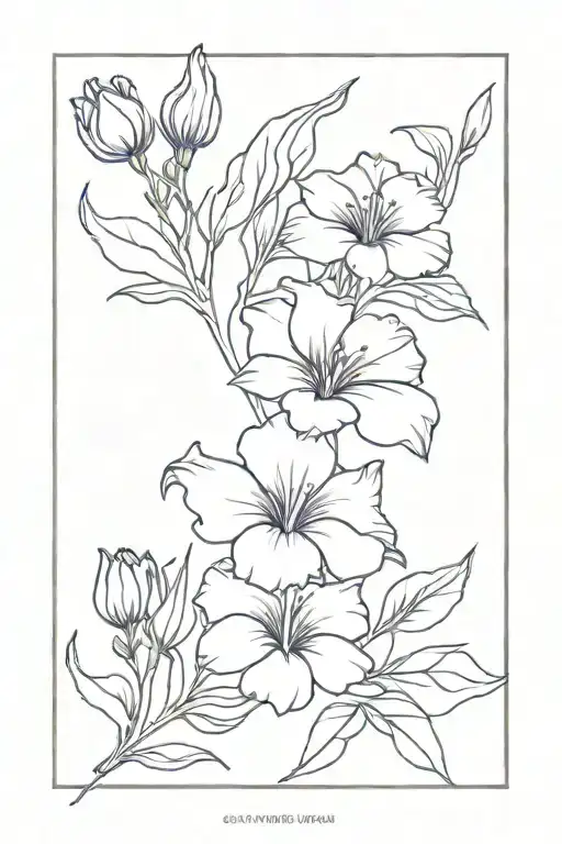 carnation flower, violet flower, lilly flower, morning glory flower, aster flower intertwined  tattoo design idea