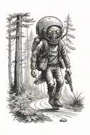 man walking in the woods getting kidnapped by aliens, high visual, realistic, shades. black and white. tattoo design idea